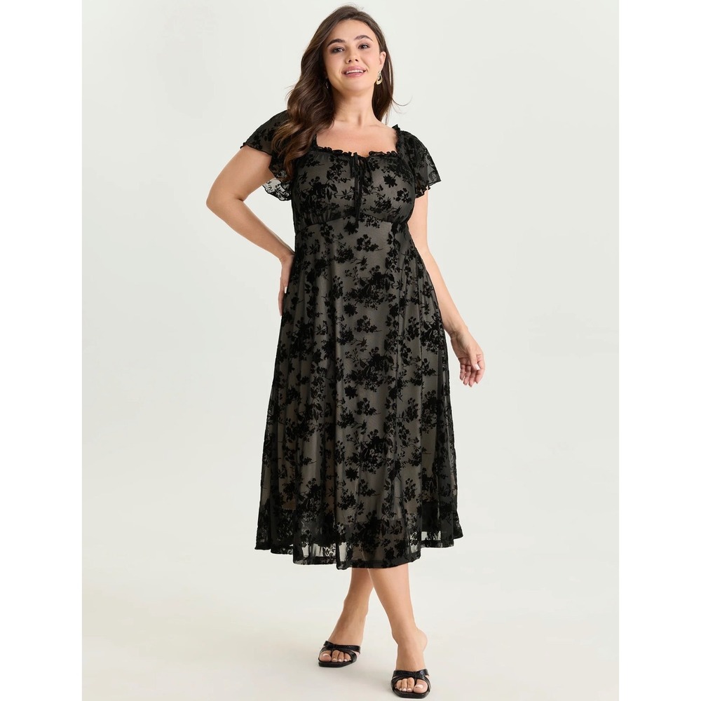 Bloomchic Black Floral Mesh Stretchy Midi Dress Romantic Short Sleeve 1X 14-16 - Picture 4 of 10
